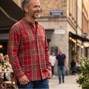 VTG Structure men's shirt Linen Bland stand-up collar  checkered pattern Size L